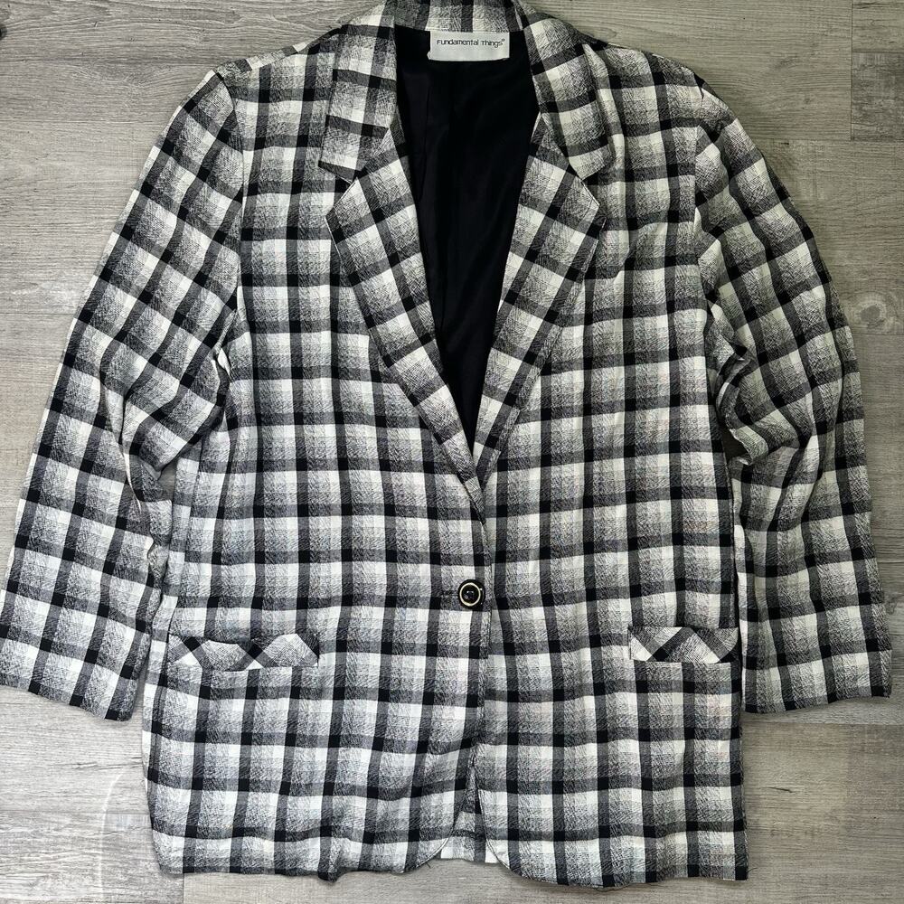 Fundamental Things Plaid Blazer Jacket Black White Rayon Linen Women's Size 12